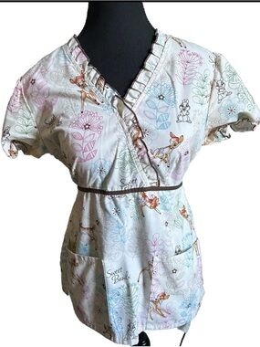 Disney Sweet Bambi Women's Wrap Scrub Top - White with Pastel Multicolor